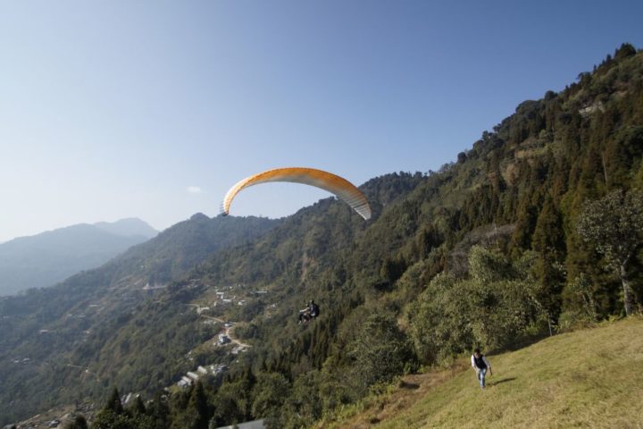 View of valley from paragliding flight in Gangtok